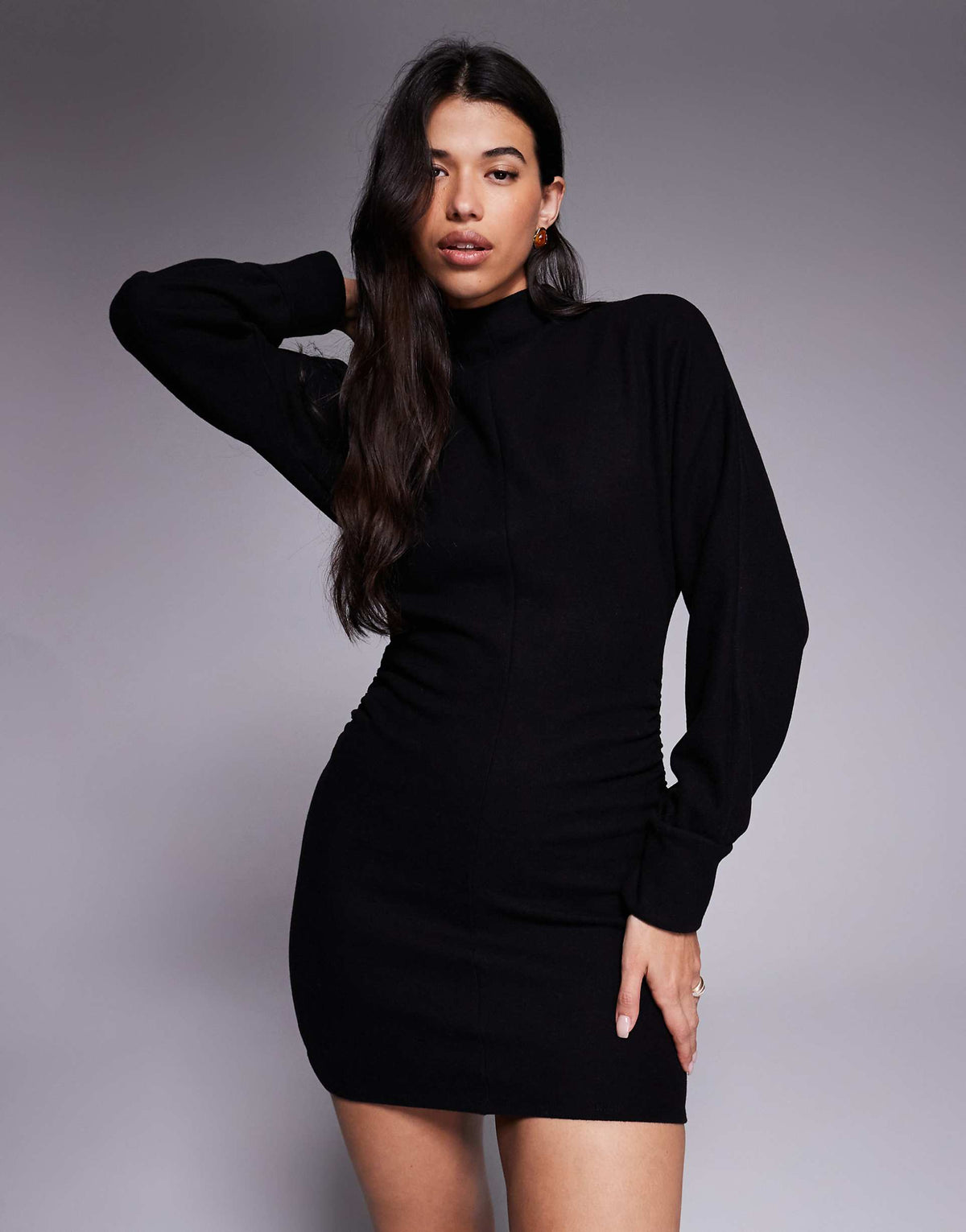 ASOS DESIGN supersoft funnel neck batwing mini dress with ruched side in black