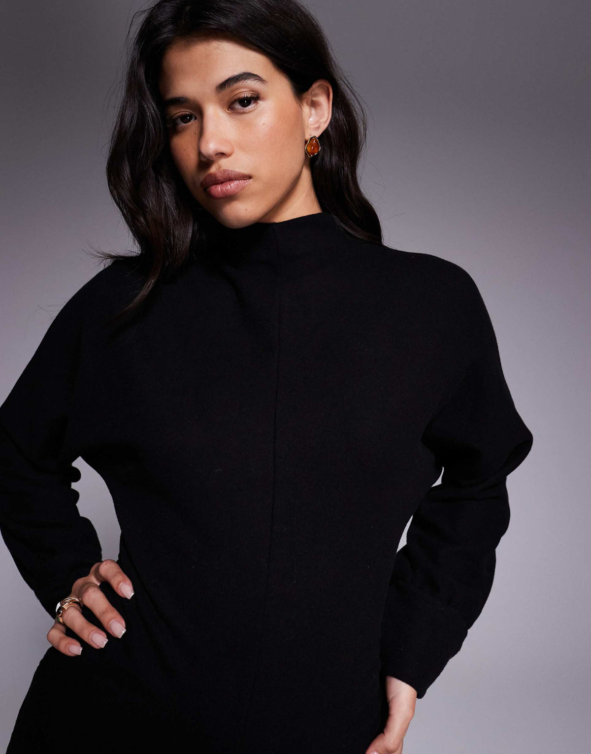 ASOS DESIGN supersoft funnel neck batwing mini dress with ruched side in black