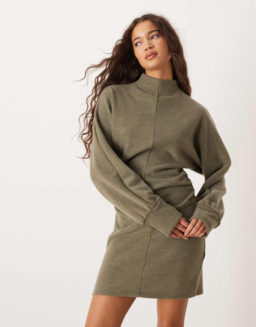 ASOS DESIGN supersoft funnel neck batwing with ruched side mini dress in khaki