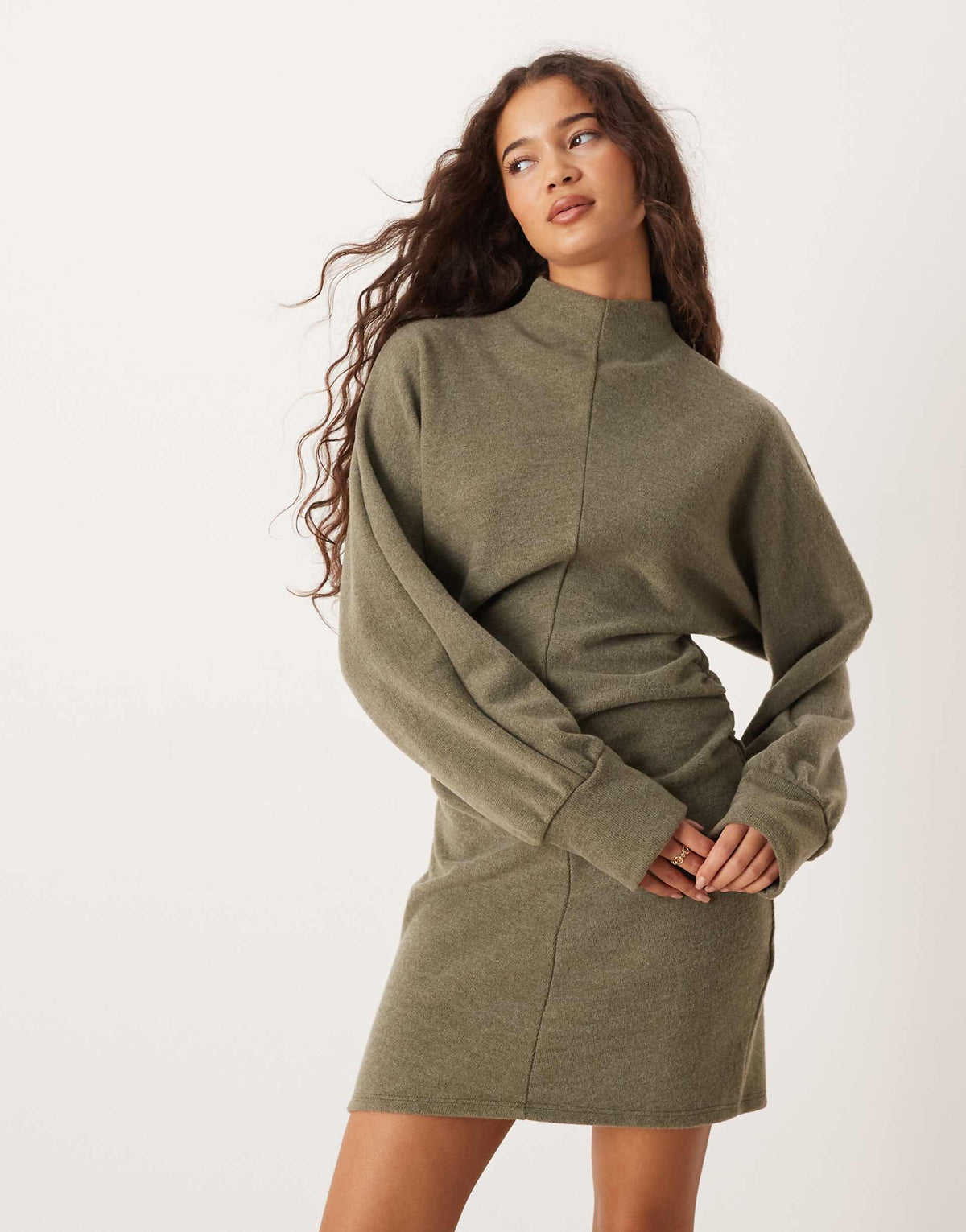 ASOS DESIGN supersoft funnel neck batwing with ruched side mini dress in khaki