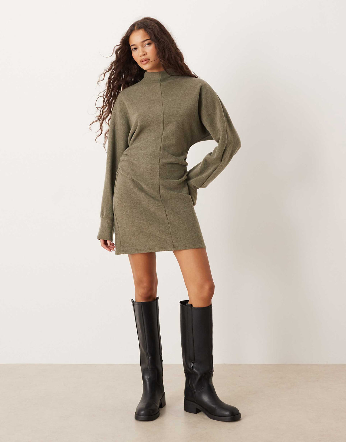 ASOS DESIGN supersoft funnel neck batwing with ruched side mini dress in khaki