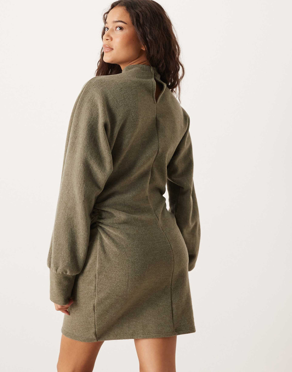ASOS DESIGN supersoft funnel neck batwing with ruched side mini dress in khaki