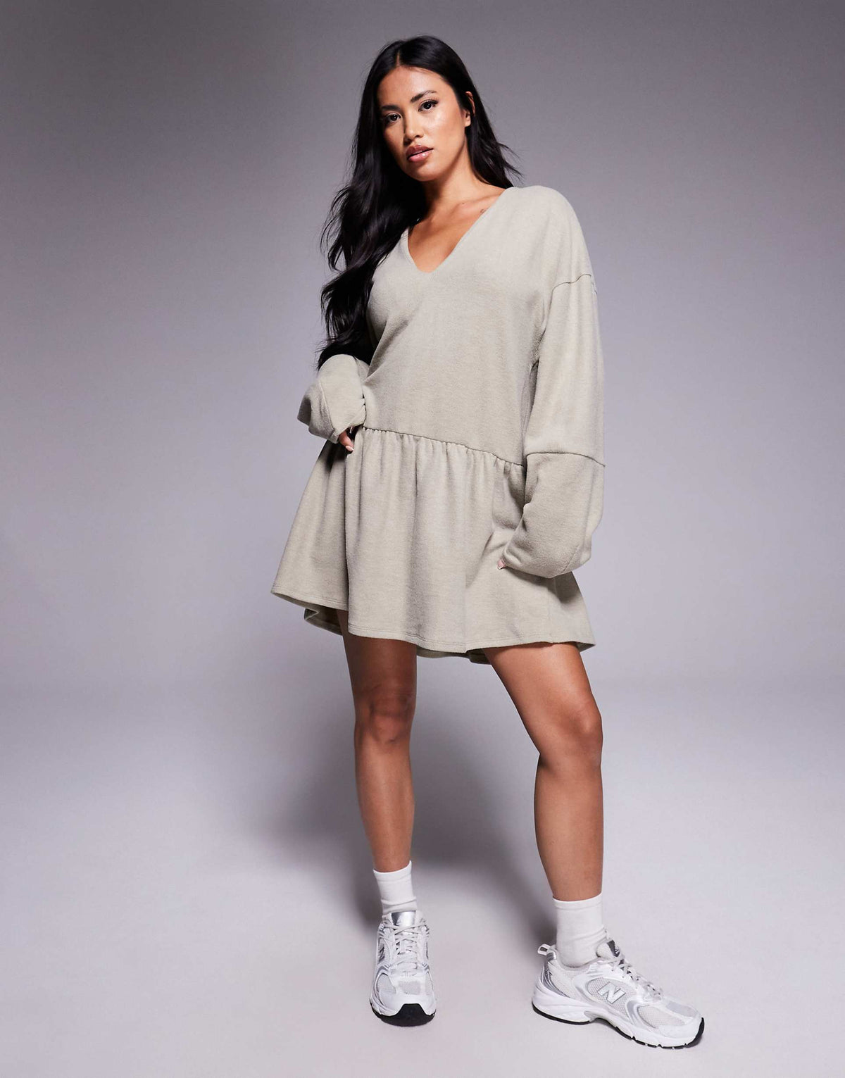 ASOS DESIGN supersoft v front dropped waist mini dress in taupe
