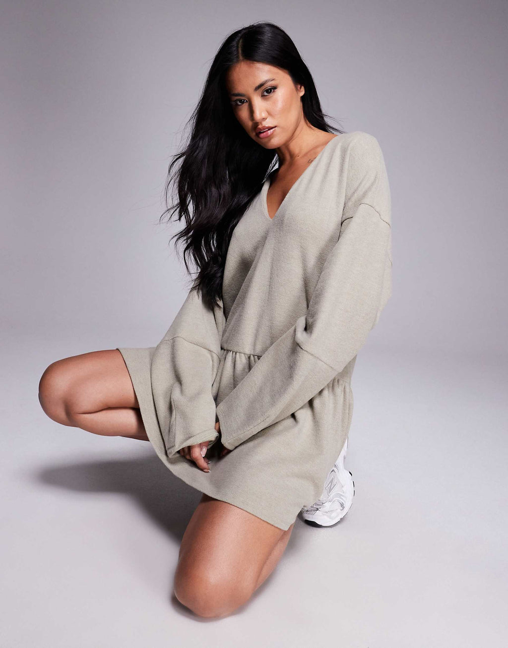 ASOS DESIGN supersoft v front dropped waist mini dress in taupe