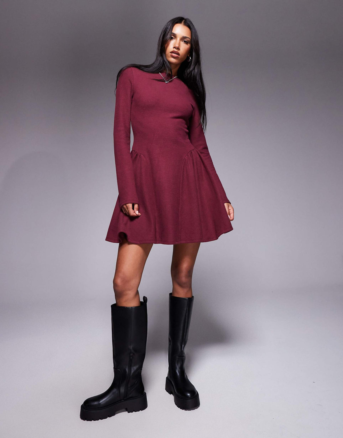 ASOS DESIGN supersoft long sleeve godet mini dress in burgundy