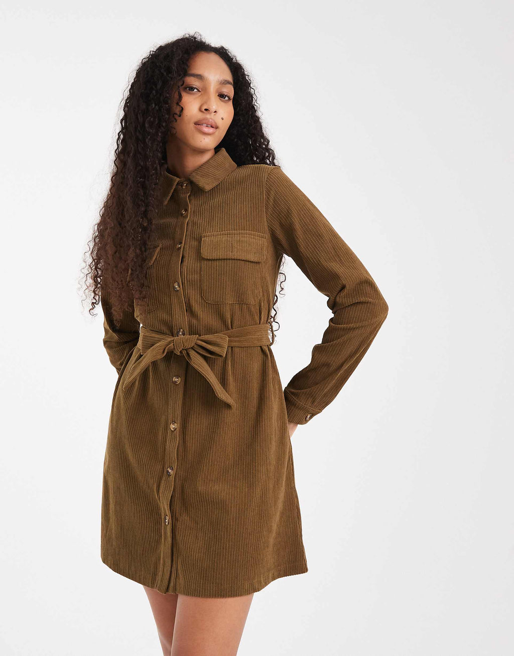 Threadbare cord button up shirt dress in khaki