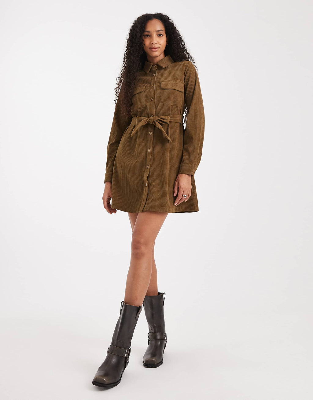 Threadbare cord button up shirt dress in khaki