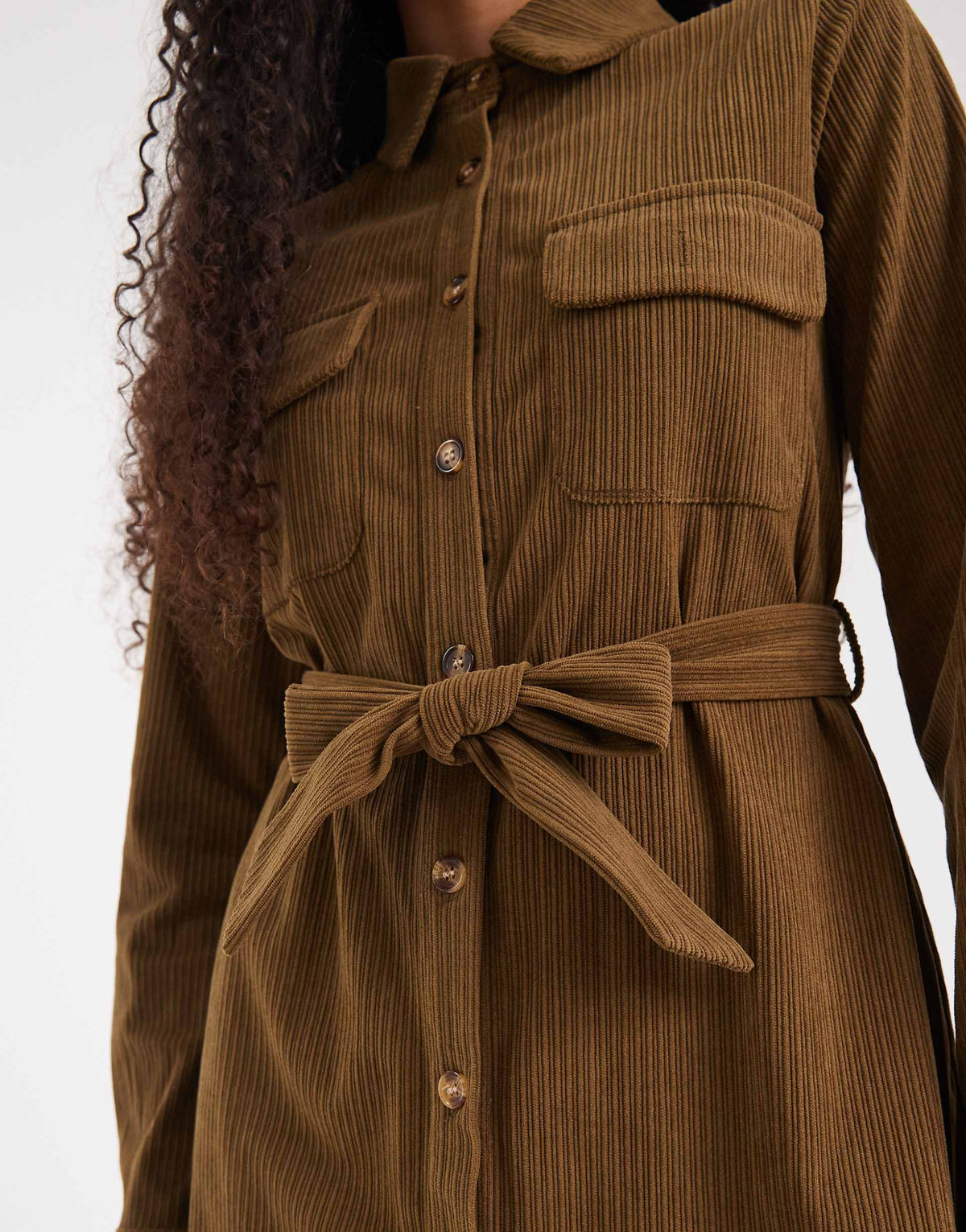 Threadbare cord button up shirt dress in khaki