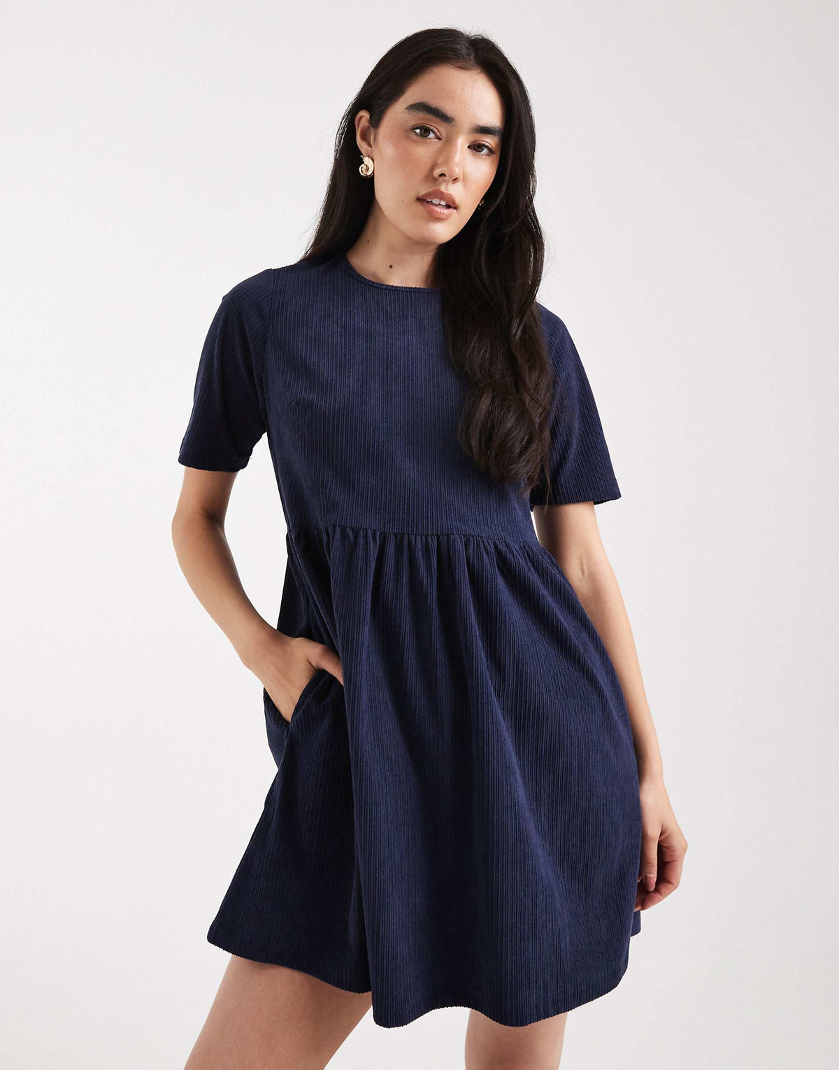 Threadbare cotton look cord short sleeve mini dress in navy