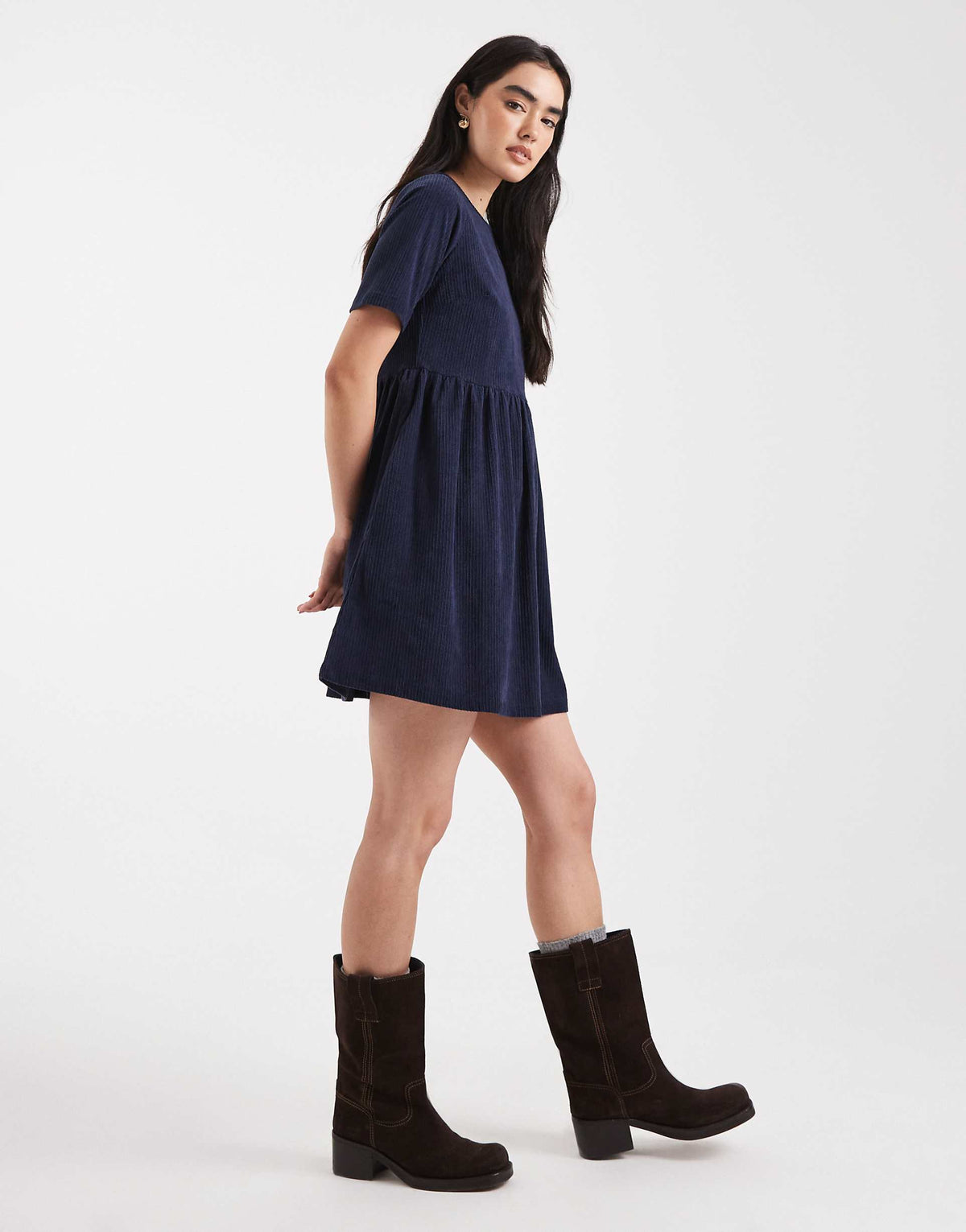 Threadbare cotton look cord short sleeve mini dress in navy