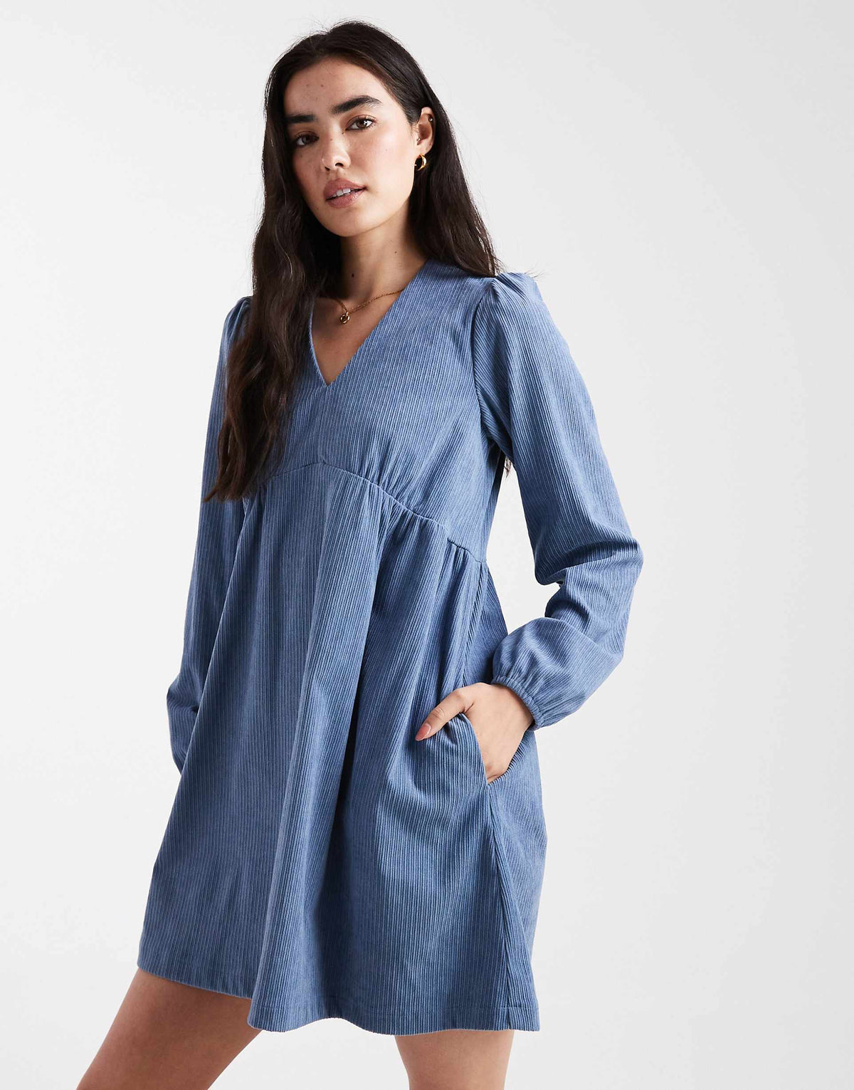 Threadbare corduroy long sleeve mini dress in blue