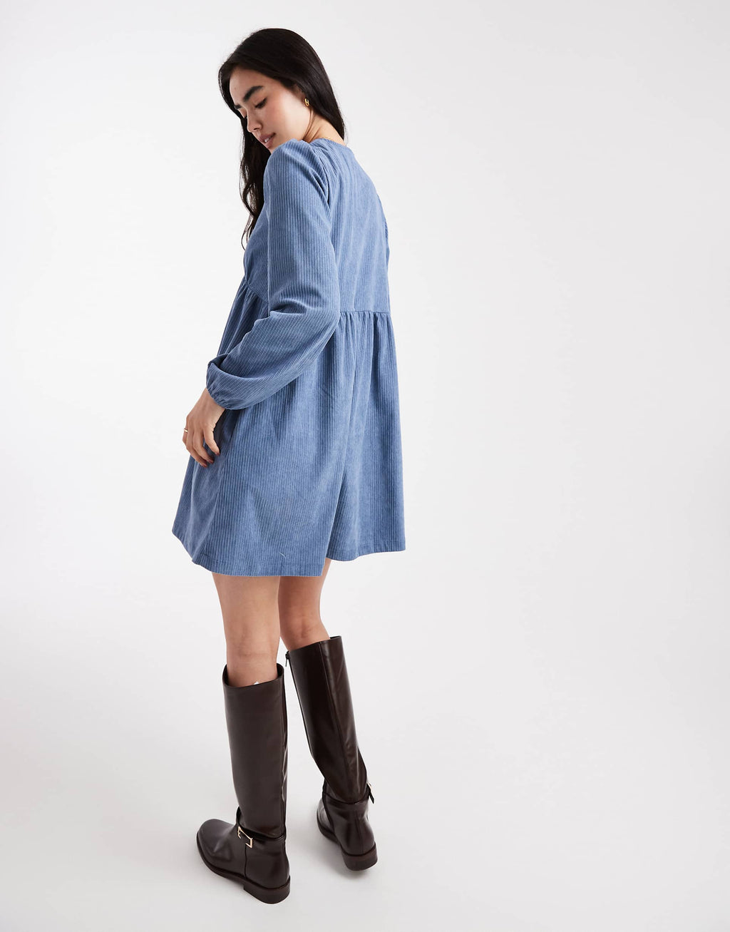 Threadbare corduroy long sleeve mini dress in blue