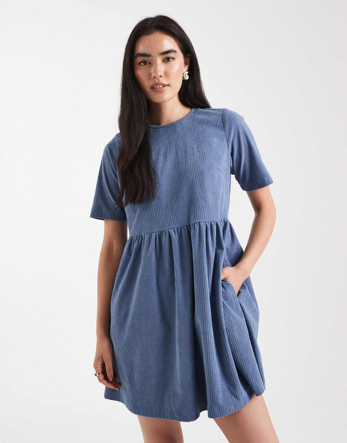 Threadbare cotton cord short sleeve mini dress in blue