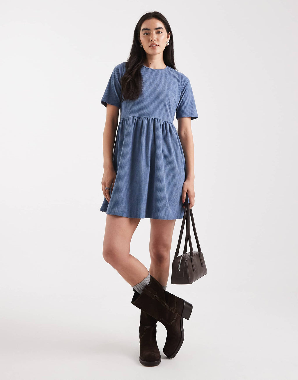 Threadbare cotton cord short sleeve mini dress in blue