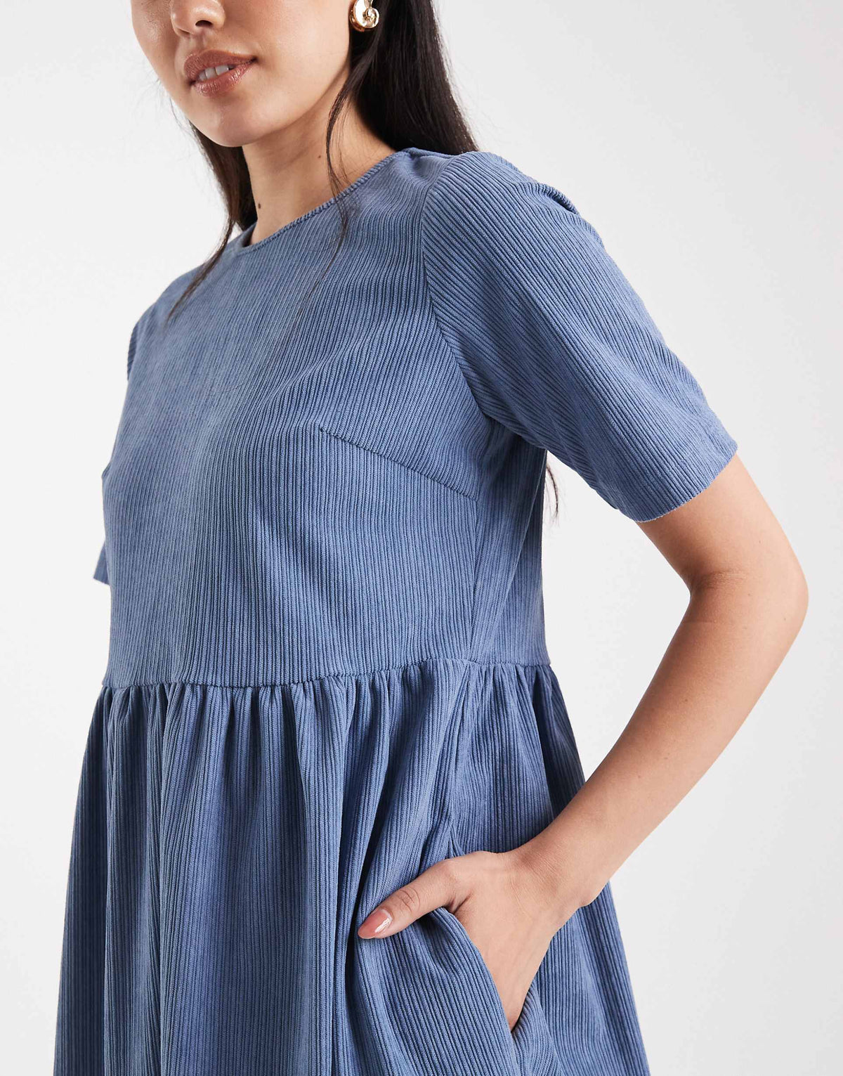 Threadbare cotton cord short sleeve mini dress in blue