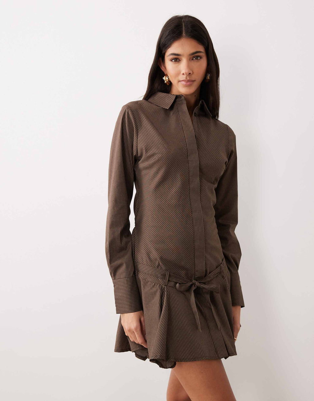 ASOS DESIGN multi tie mini shirt dress with godet skirt in chocolate stripes