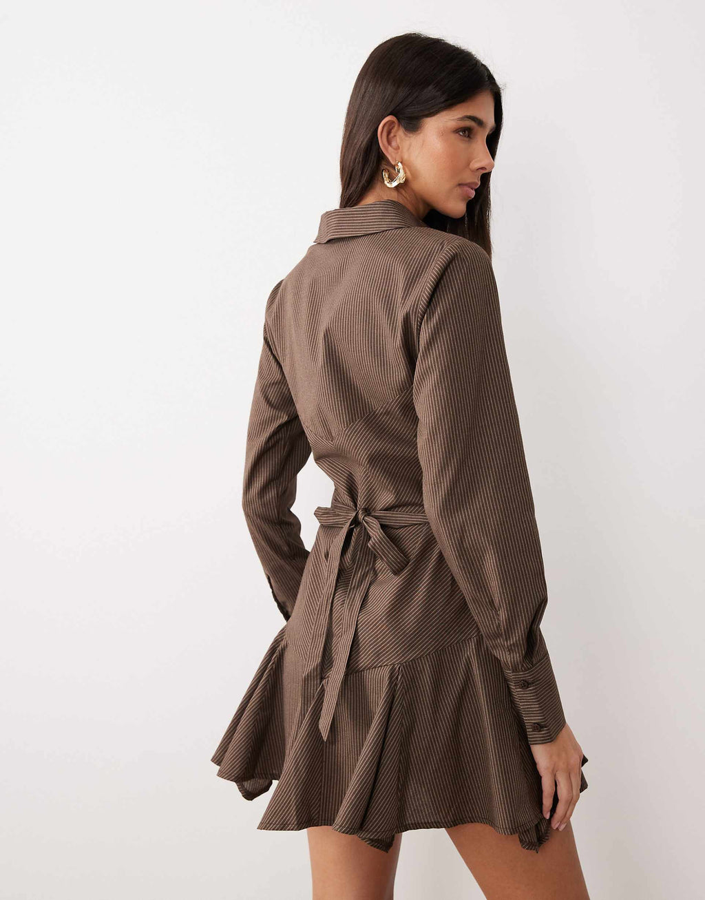 ASOS DESIGN multi tie mini shirt dress with godet skirt in chocolate stripes