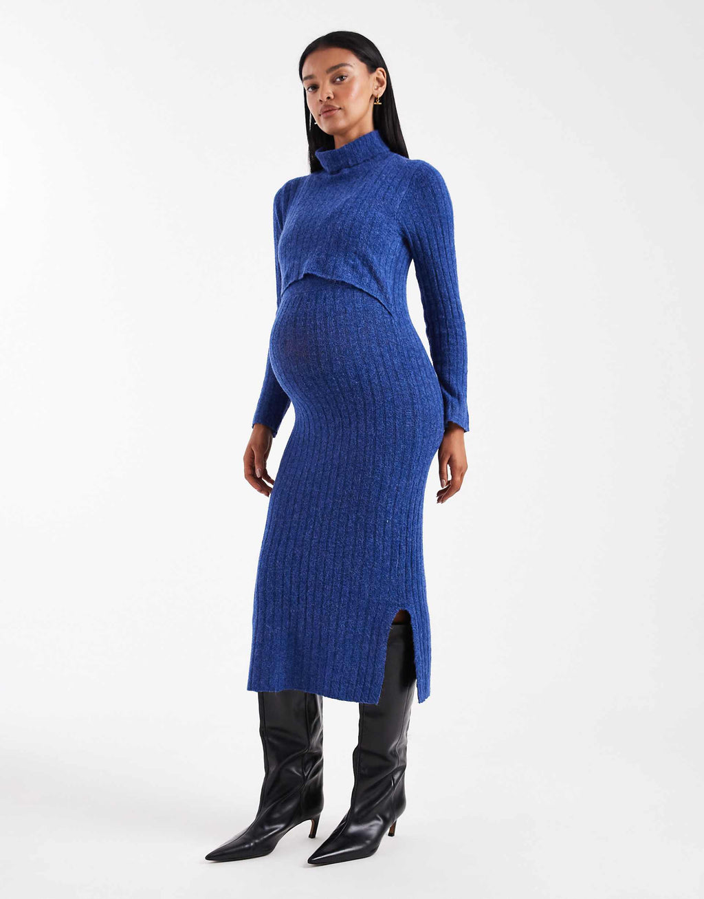 Mamalicious Maternity soft knit ribbed midi dress with nursing function in blue melange