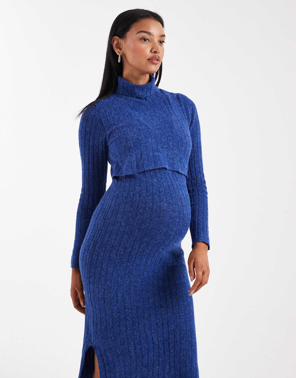 Mamalicious Maternity soft knit ribbed midi dress with nursing function in blue melange