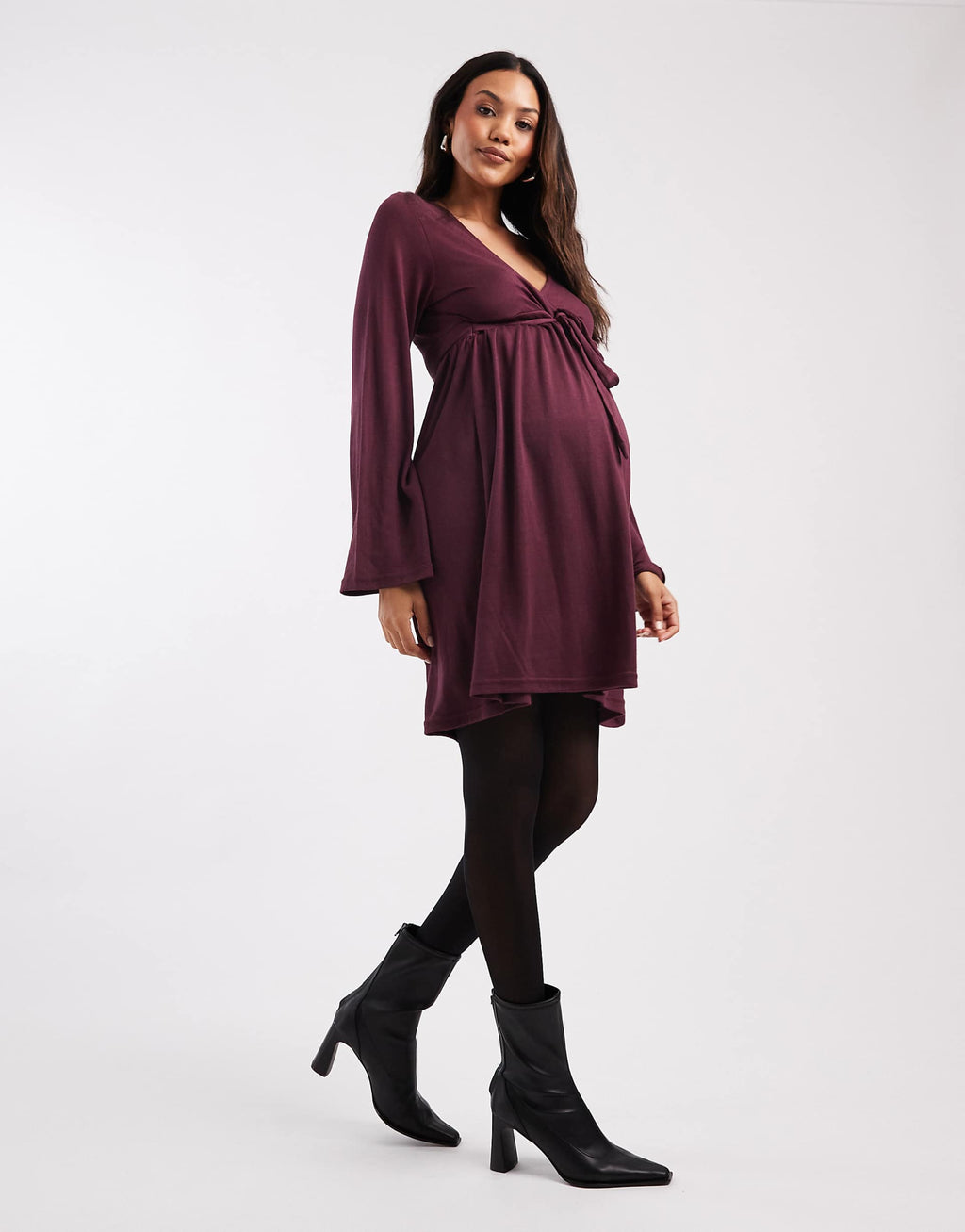 Mamalicious Maternity soft jersey nursing friendly wrap detail dress in burgundy
