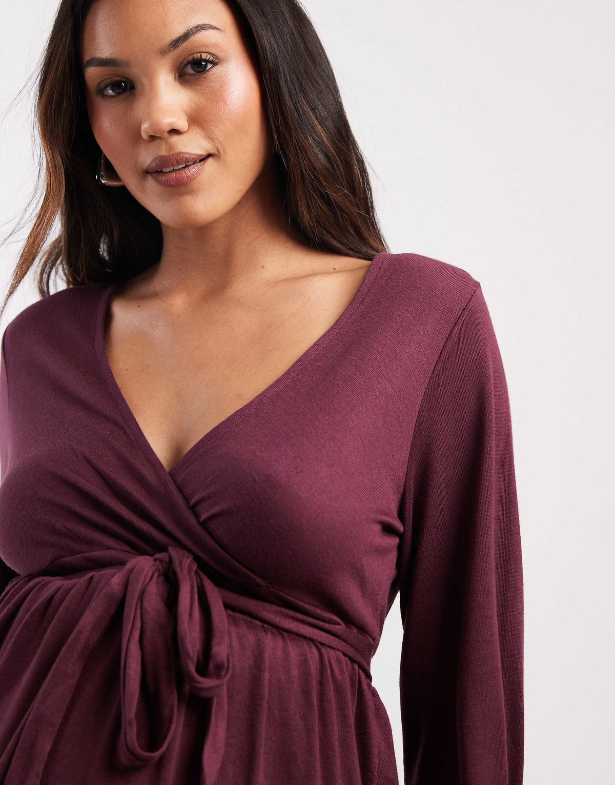 Mamalicious Maternity soft jersey nursing friendly wrap detail dress in burgundy