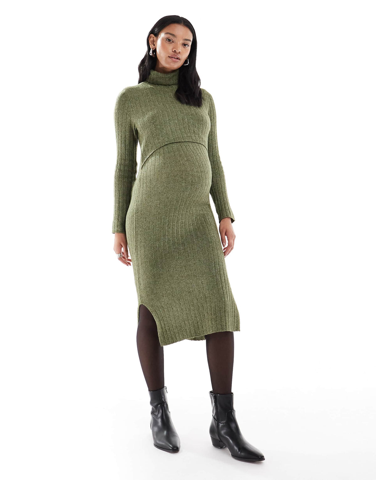 Mamalicious Maternity soft knit ribbed midi dress with nursing function in khaki melange