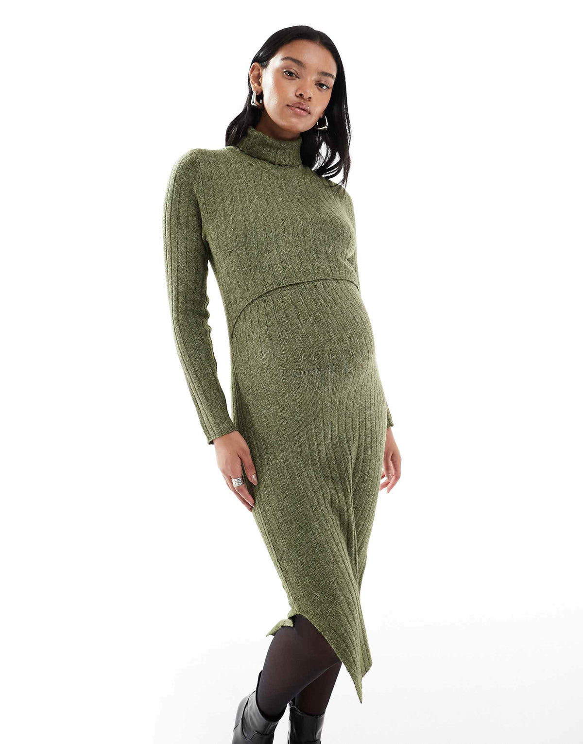 Mamalicious Maternity soft knit ribbed midi dress with nursing function in khaki melange