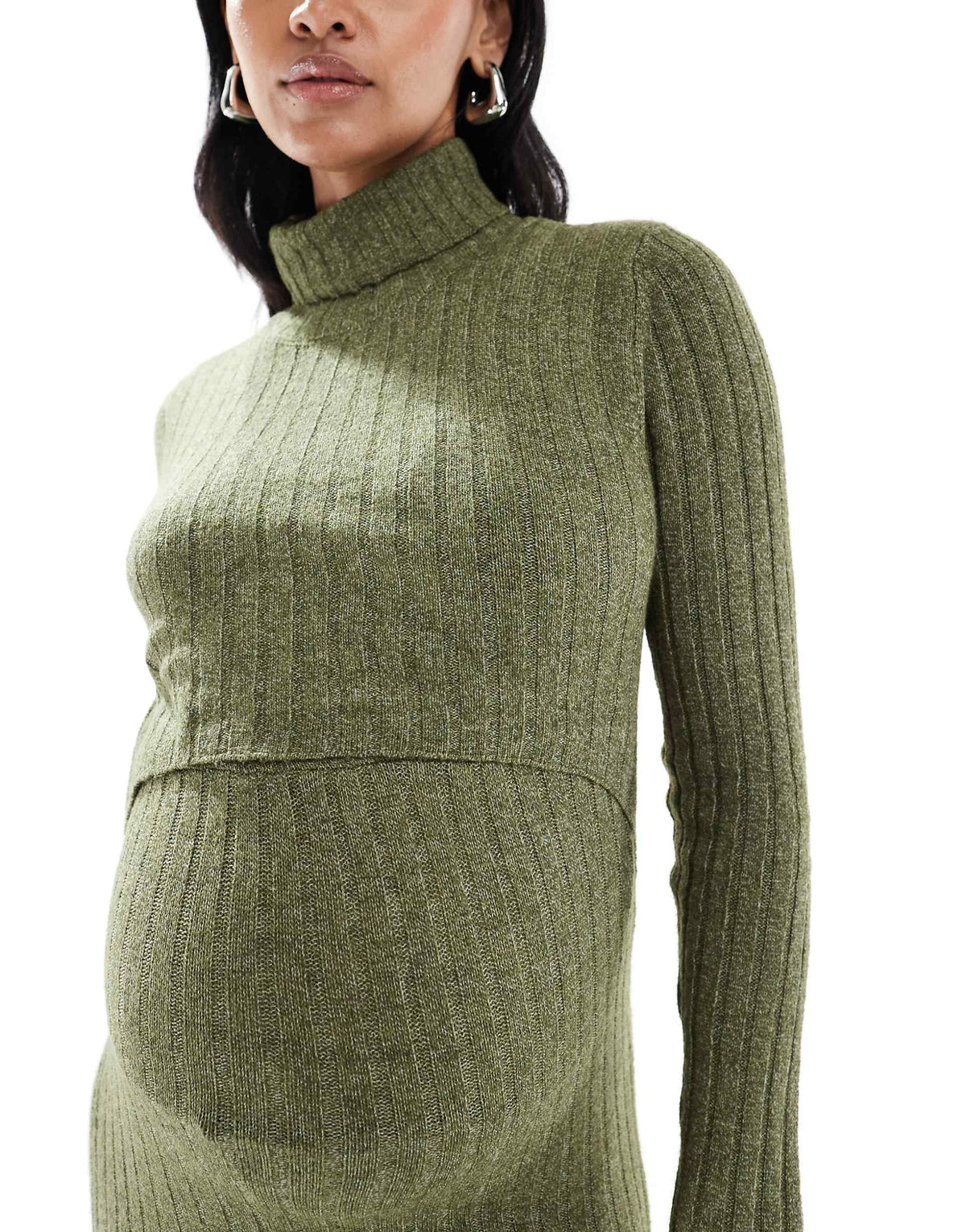 Mamalicious Maternity soft knit ribbed midi dress with nursing function in khaki melange
