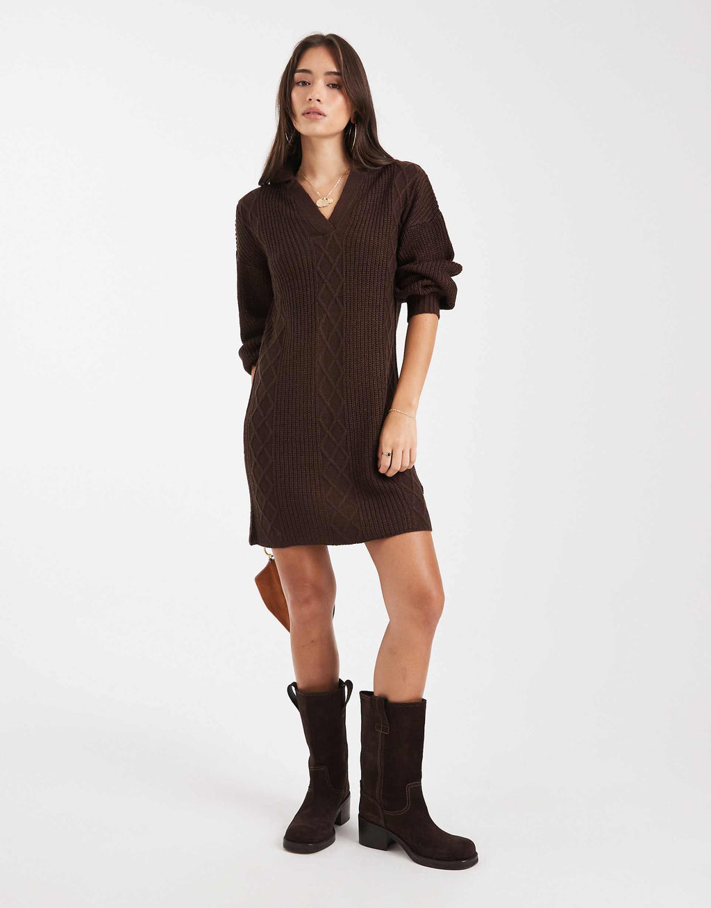Wednesday's Girl v-neck collared sweater dress in dark brown