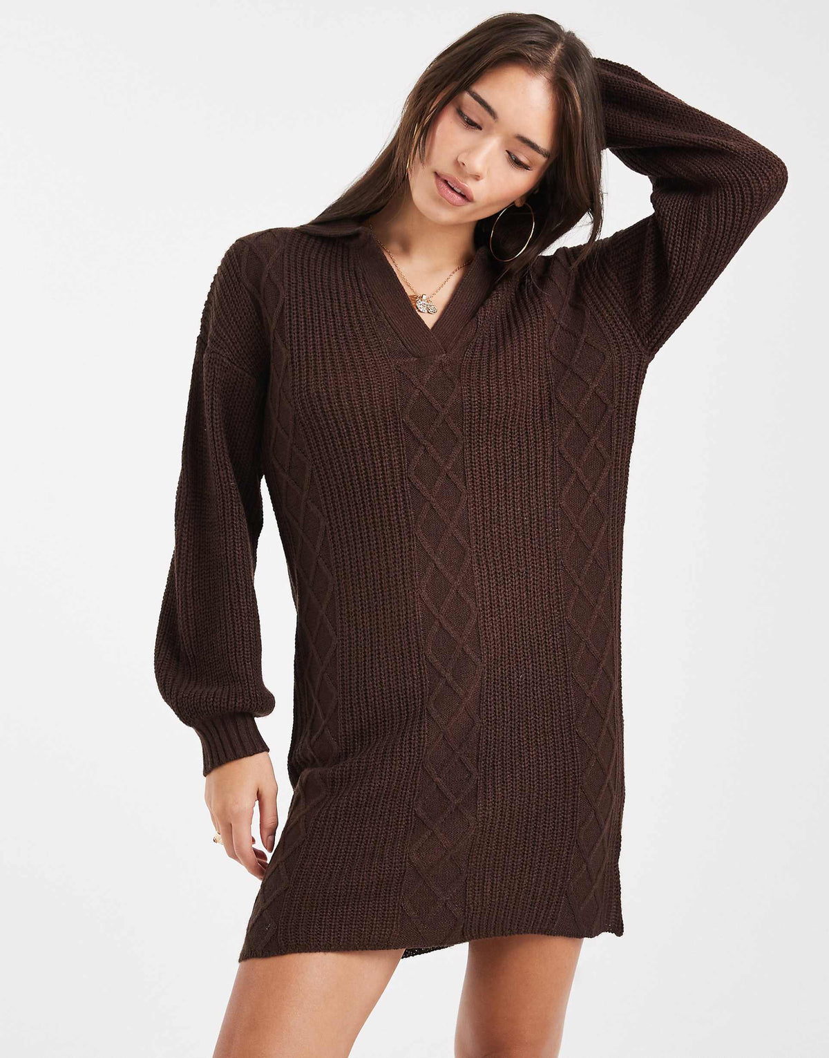 Wednesday's Girl v-neck collared sweater dress in dark brown