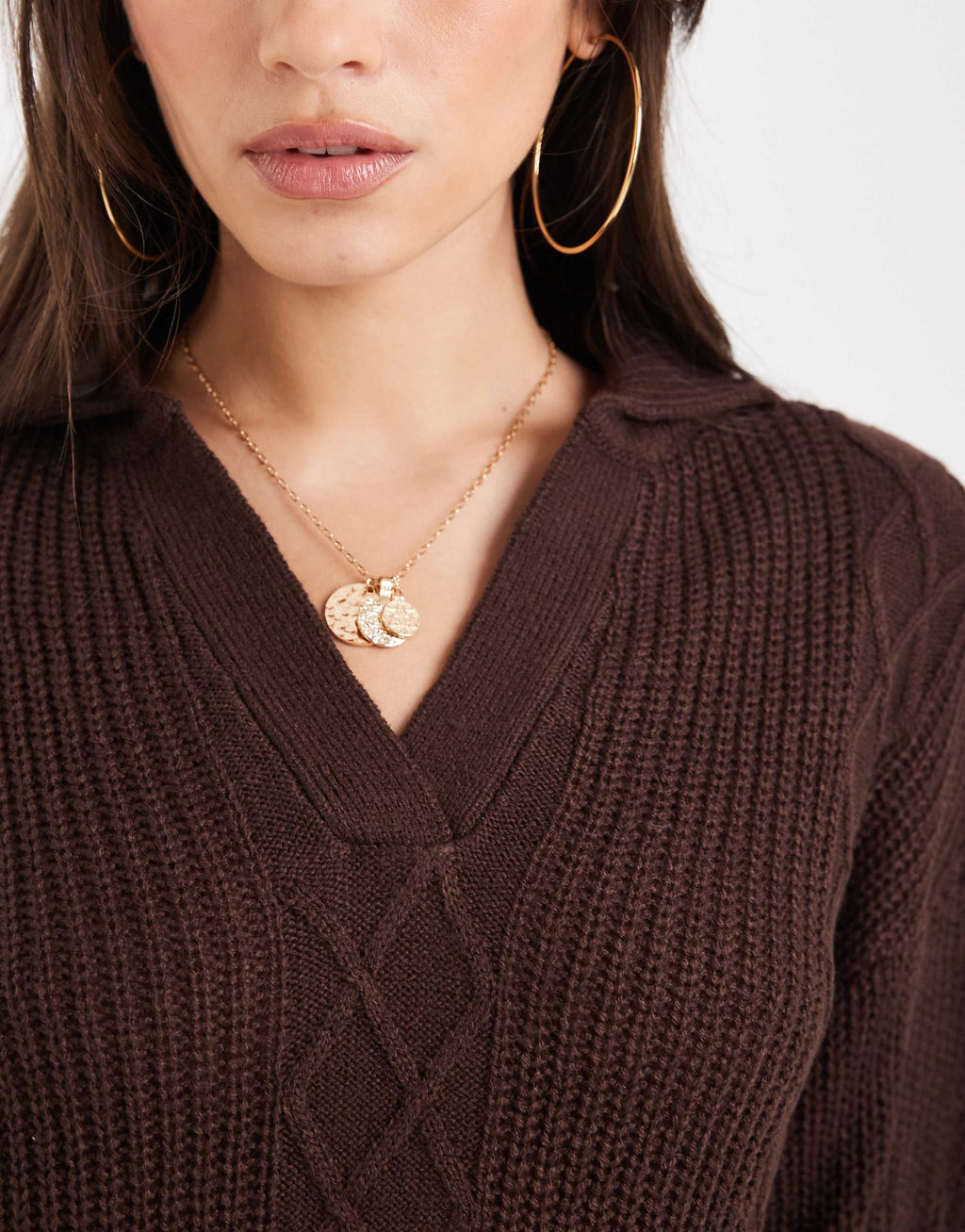 Wednesday's Girl v-neck collared sweater dress in dark brown