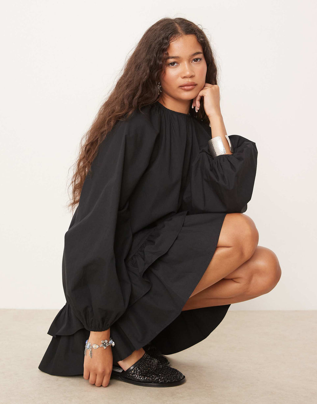 ASOS DESIGN dropped waist frill detail mini dress with lace trim in black