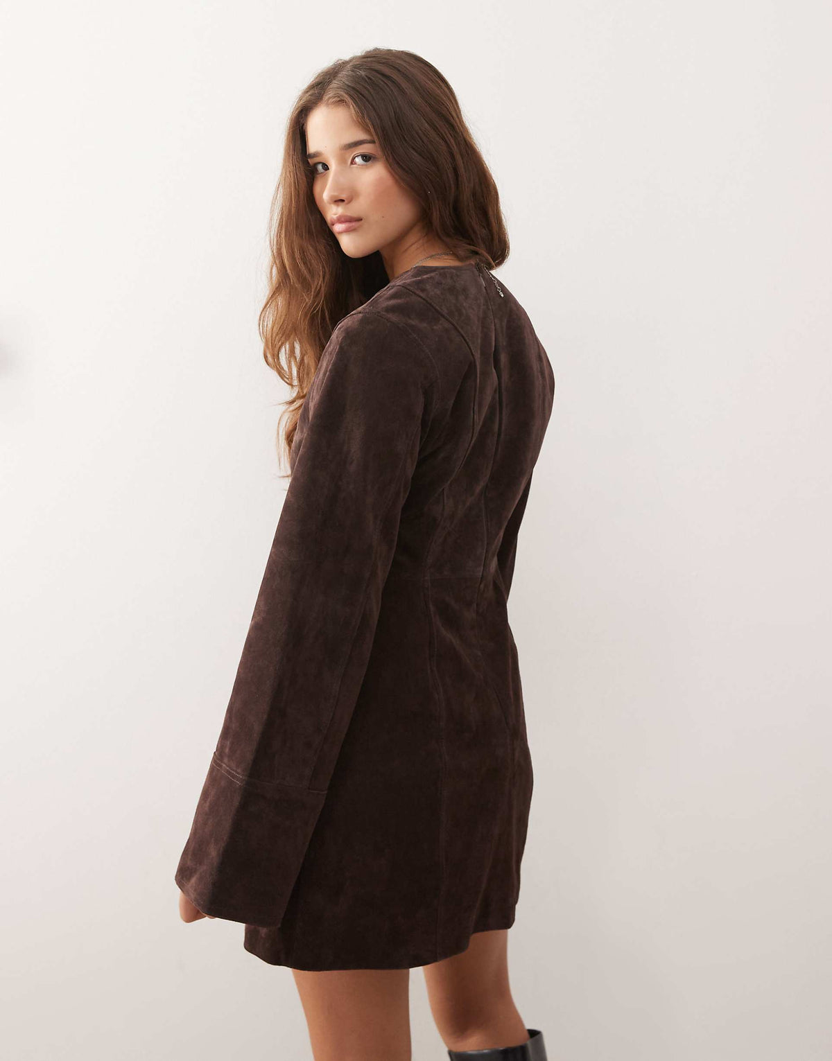 Reclaimed Vintage real suede mini tailored dress with cinched waist in chocolate brown