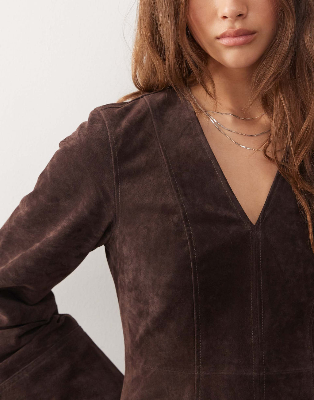 Reclaimed Vintage real suede mini tailored dress with cinched waist in chocolate brown