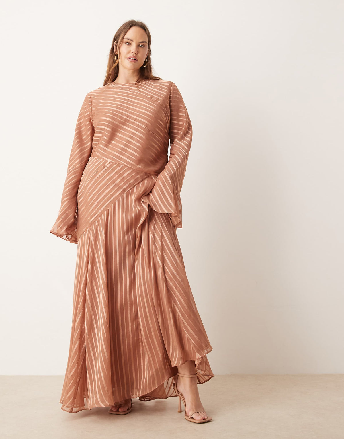 ASOS DESIGN Curve flare sleeve maxi dress with hem in rust stripes