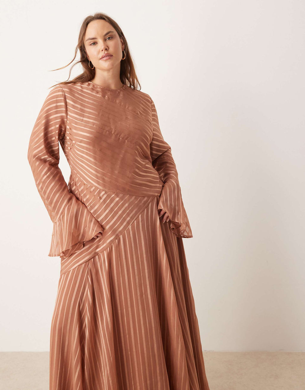 ASOS DESIGN Curve flare sleeve maxi dress with hem in rust stripes