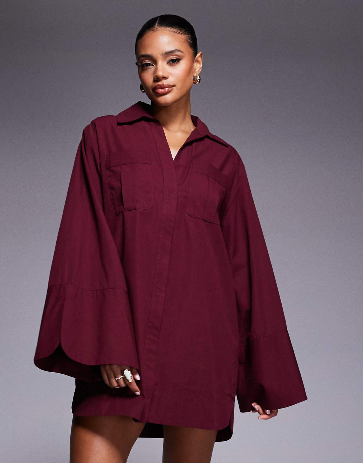 ASOS DESIGN mini shirt dress with wide cuffs and oversized pockets in cherry