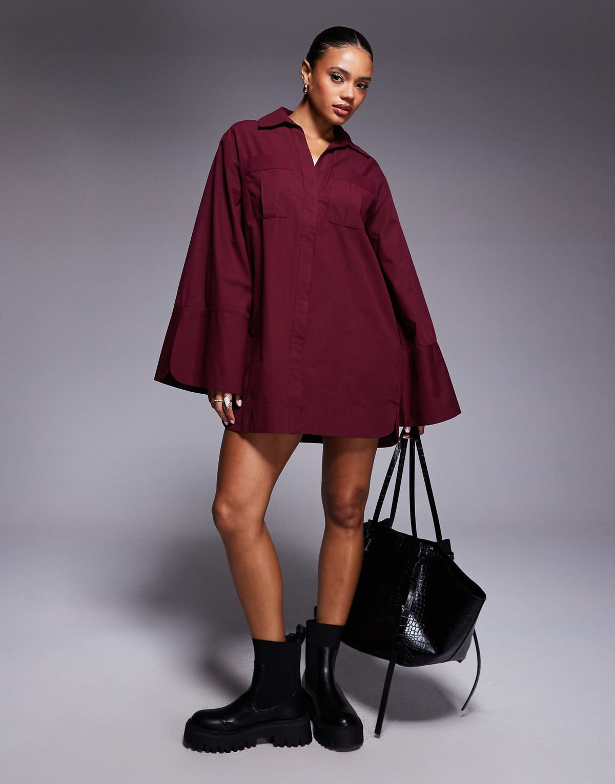 ASOS DESIGN mini shirt dress with wide cuffs and oversized pockets in cherry