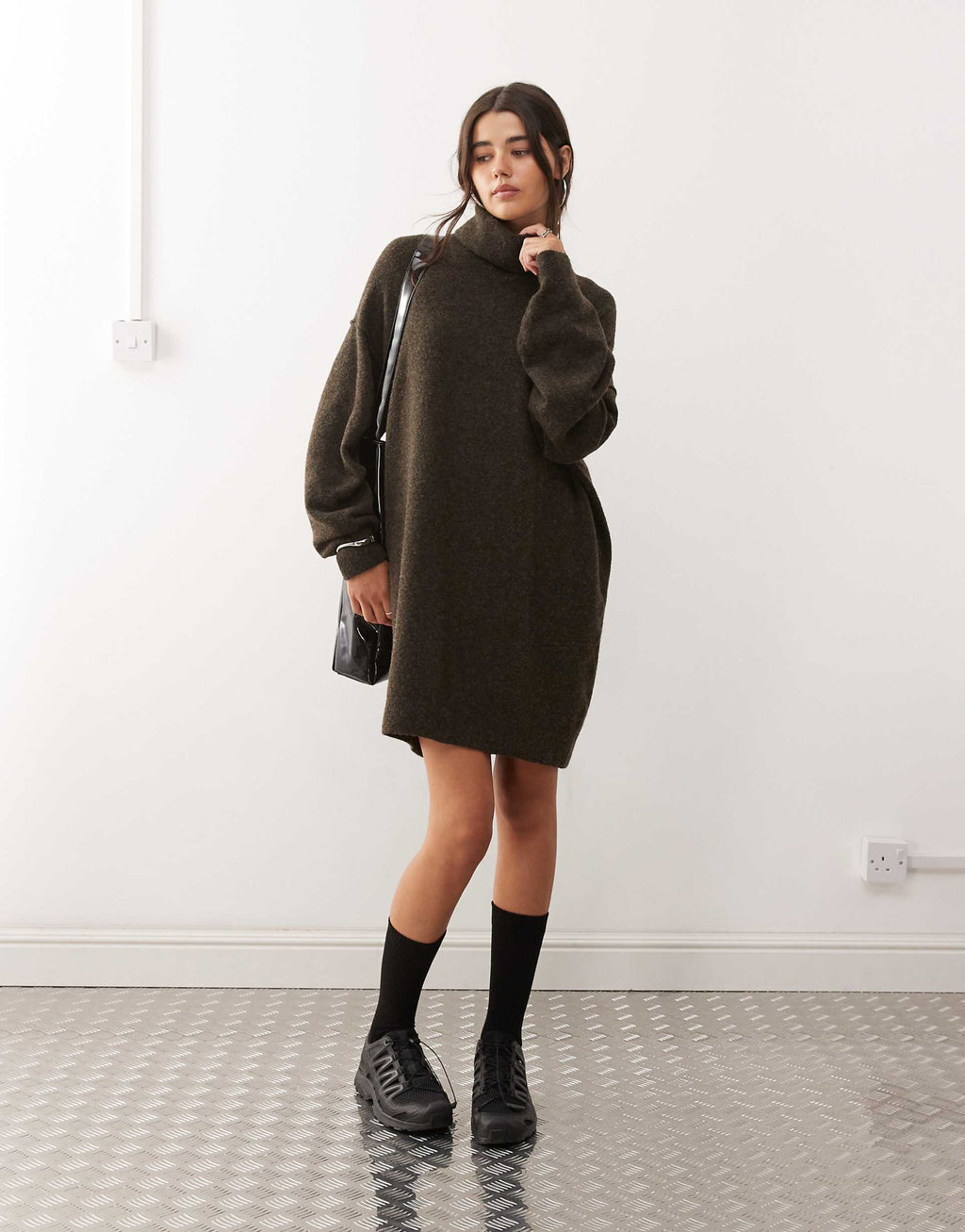 Weekday turtle neck knitted mini sweater dress in dark brown melange exclusive to ASOS