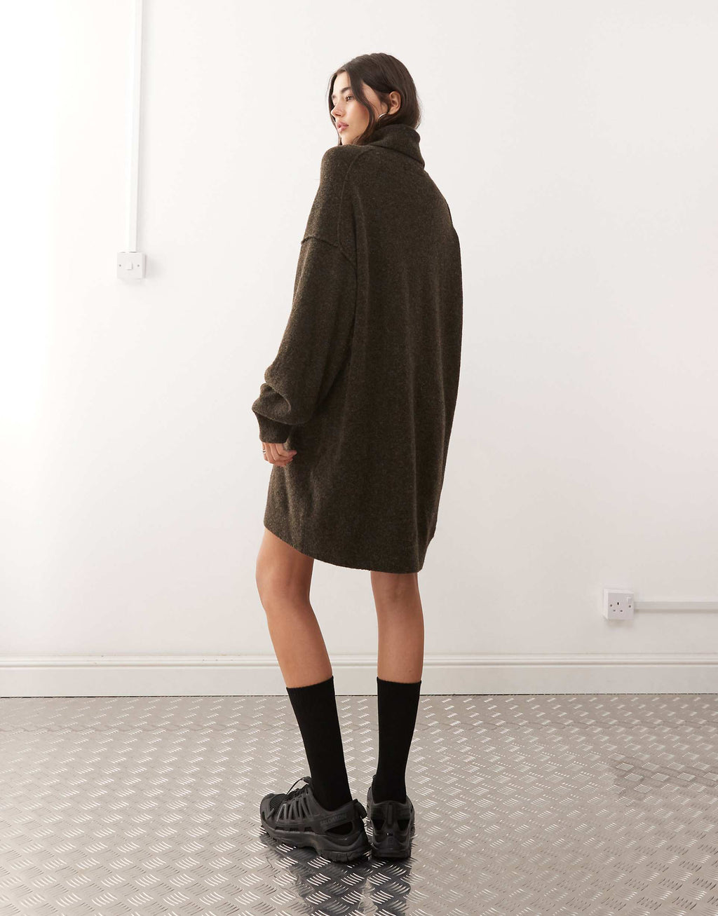 Weekday turtle neck knitted mini sweater dress in dark brown melange exclusive to ASOS