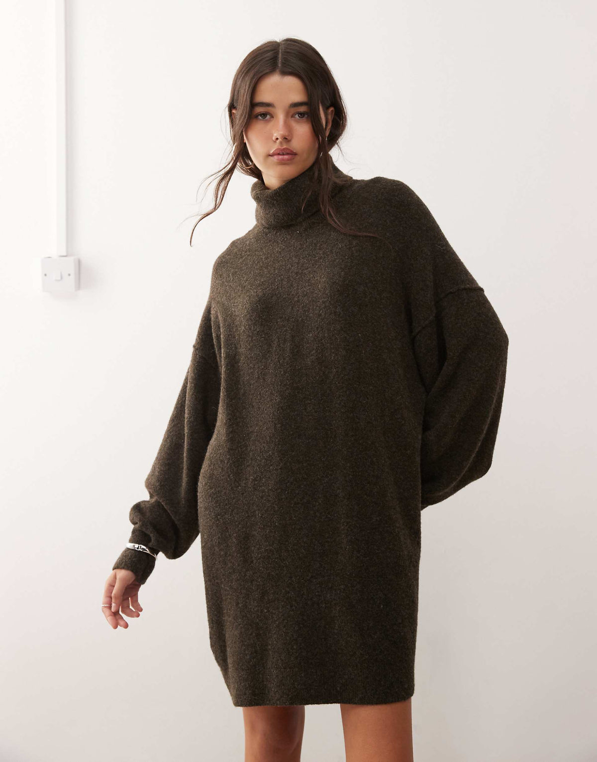 Weekday turtle neck knitted mini sweater dress in dark brown melange exclusive to ASOS