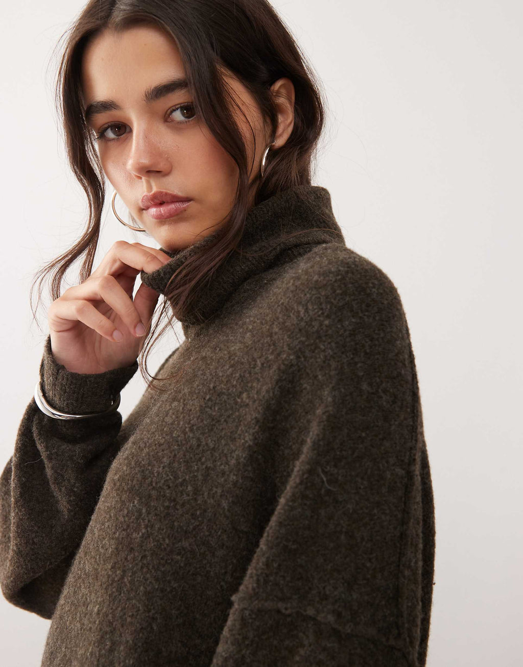Weekday turtle neck knitted mini sweater dress in dark brown melange exclusive to ASOS