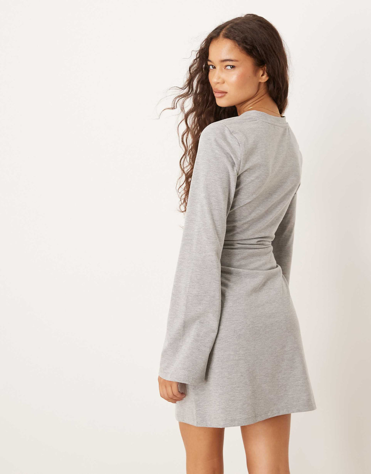 ASOS DESIGN high v neck cinched side flare sleeves mini dress in gray