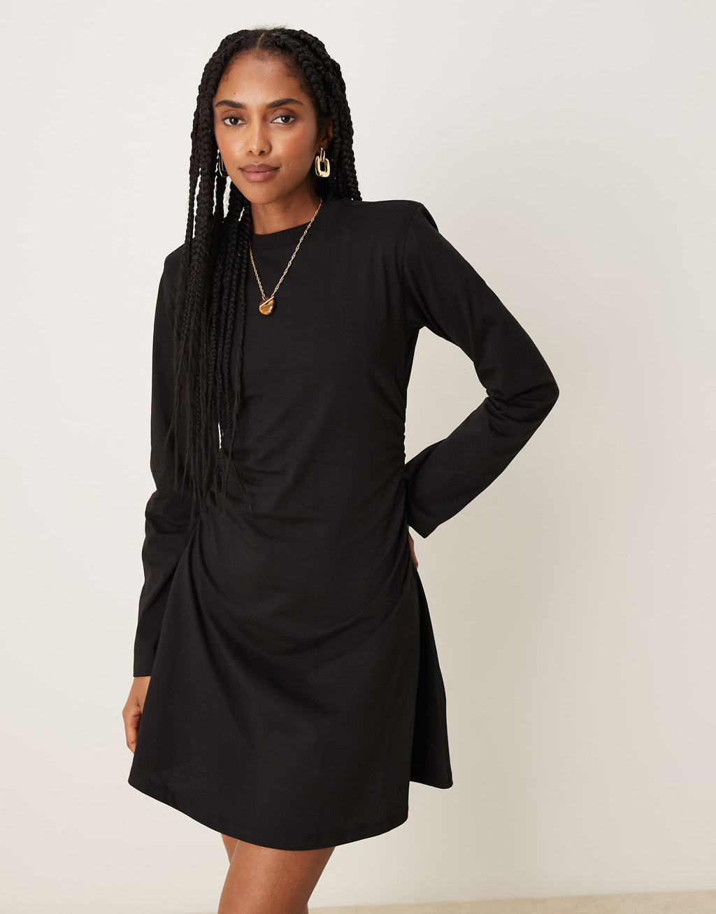 ASOS DESIGN shoulder pad detailing cinched long sleeve casual mini dress in black