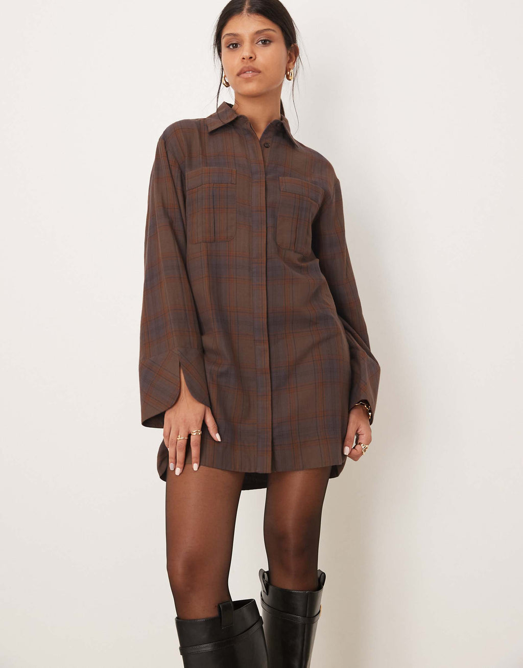 ASOS DESIGN mini shirt dress with wide cuffs and oversized pockets in brown plaid