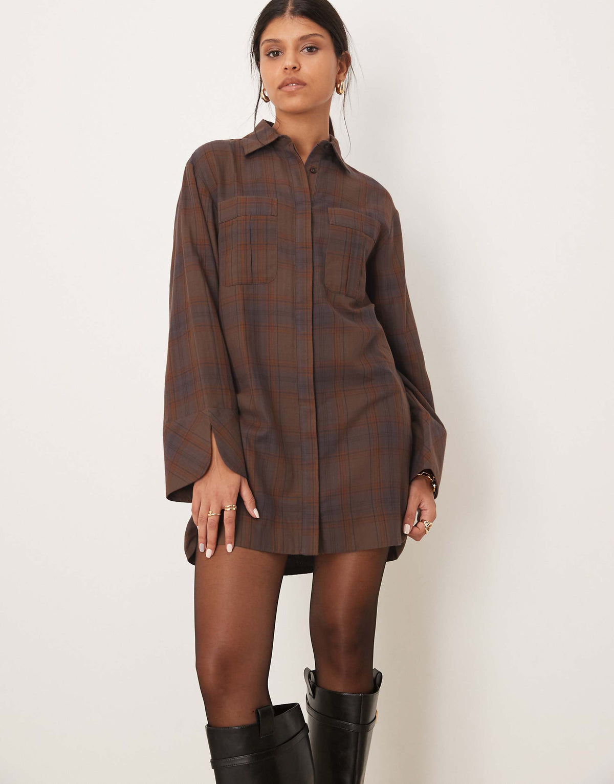 ASOS DESIGN mini shirt dress with wide cuffs and oversized pockets in brown plaid