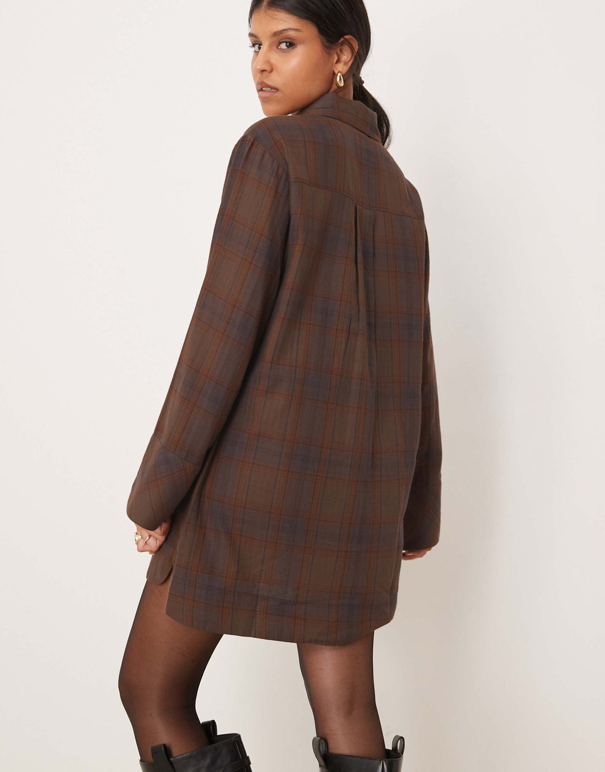 ASOS DESIGN mini shirt dress with wide cuffs and oversized pockets in brown plaid