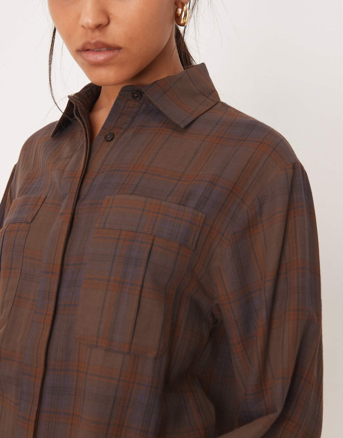 ASOS DESIGN mini shirt dress with wide cuffs and oversized pockets in brown plaid