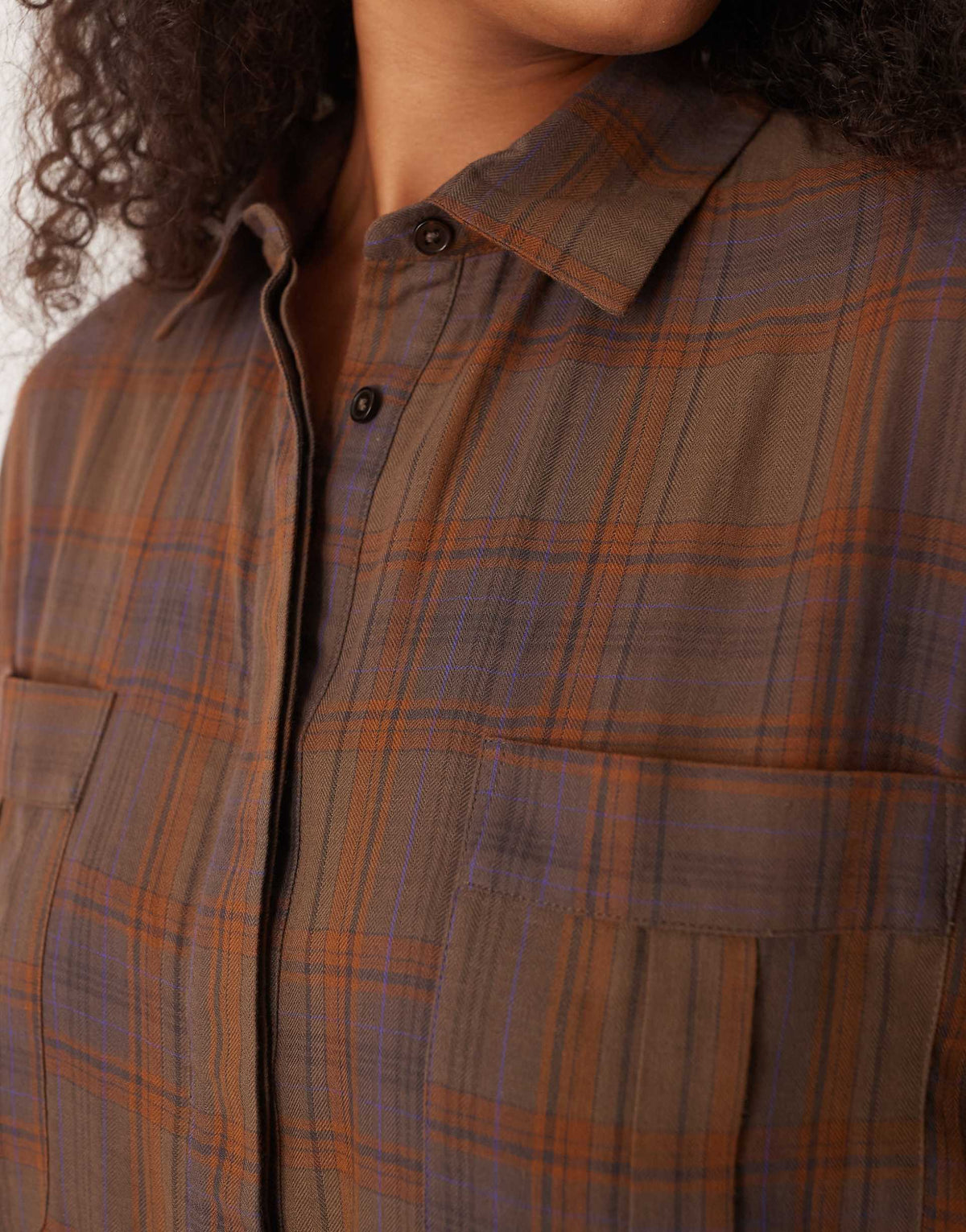 ASOS DESIGN Curve mini shirt dress with wide cuffs and oversized pockets in brown plaid