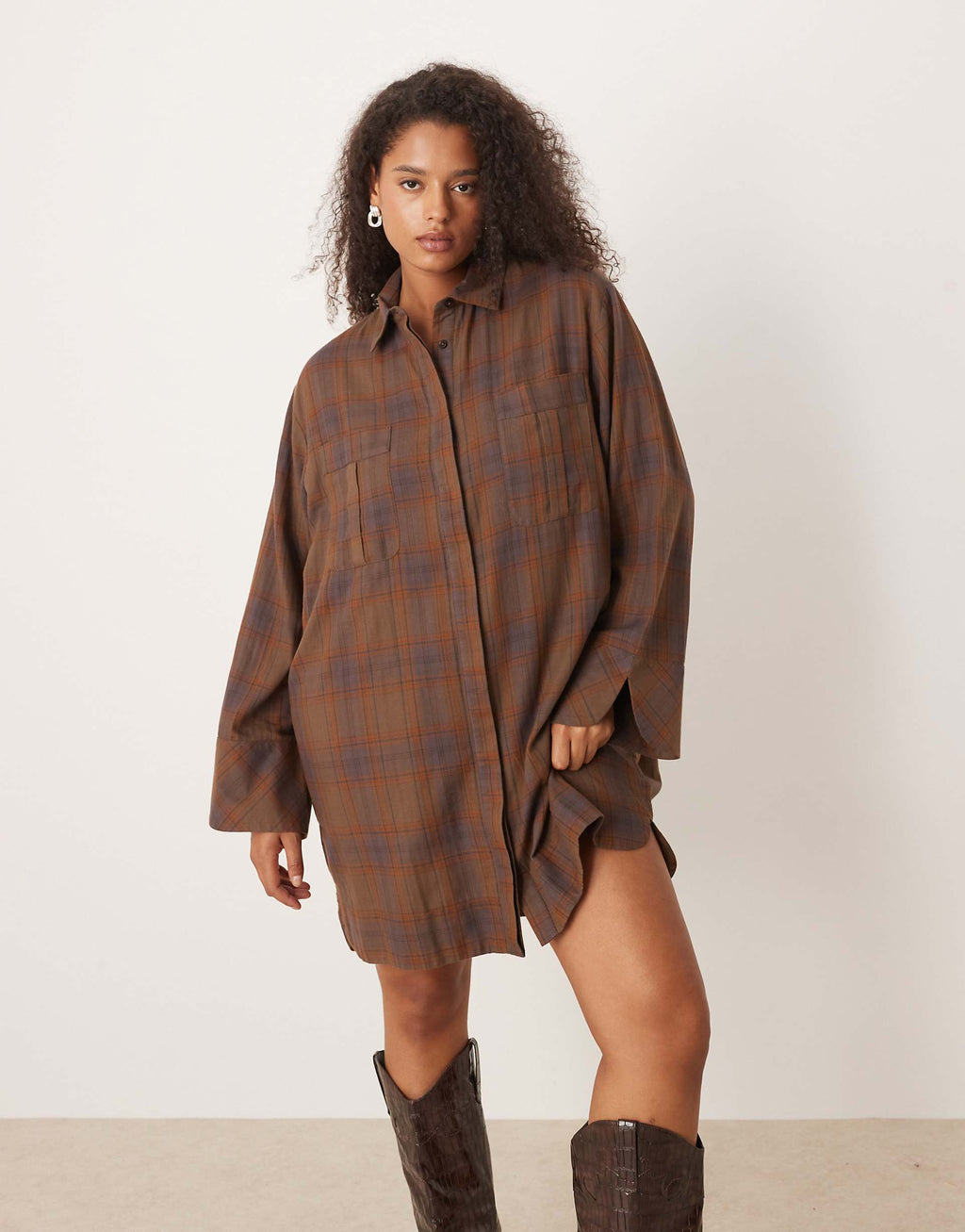 ASOS DESIGN Curve mini shirt dress with wide cuffs and oversized pockets in brown plaid